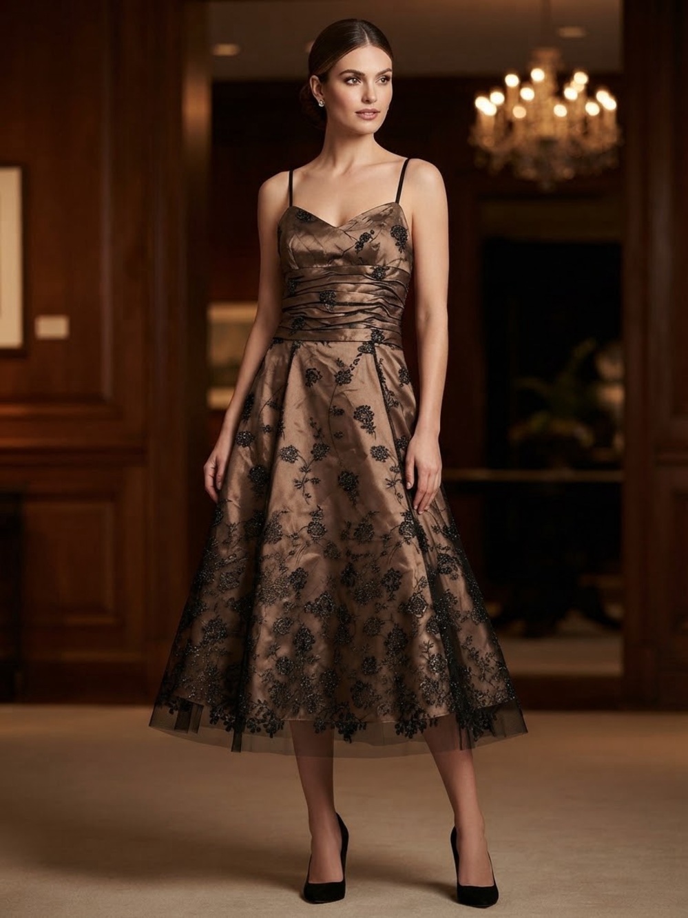 Papell Boutique Evening Vintage Ruched Embroidered Bronze Midi Cocktail Dress